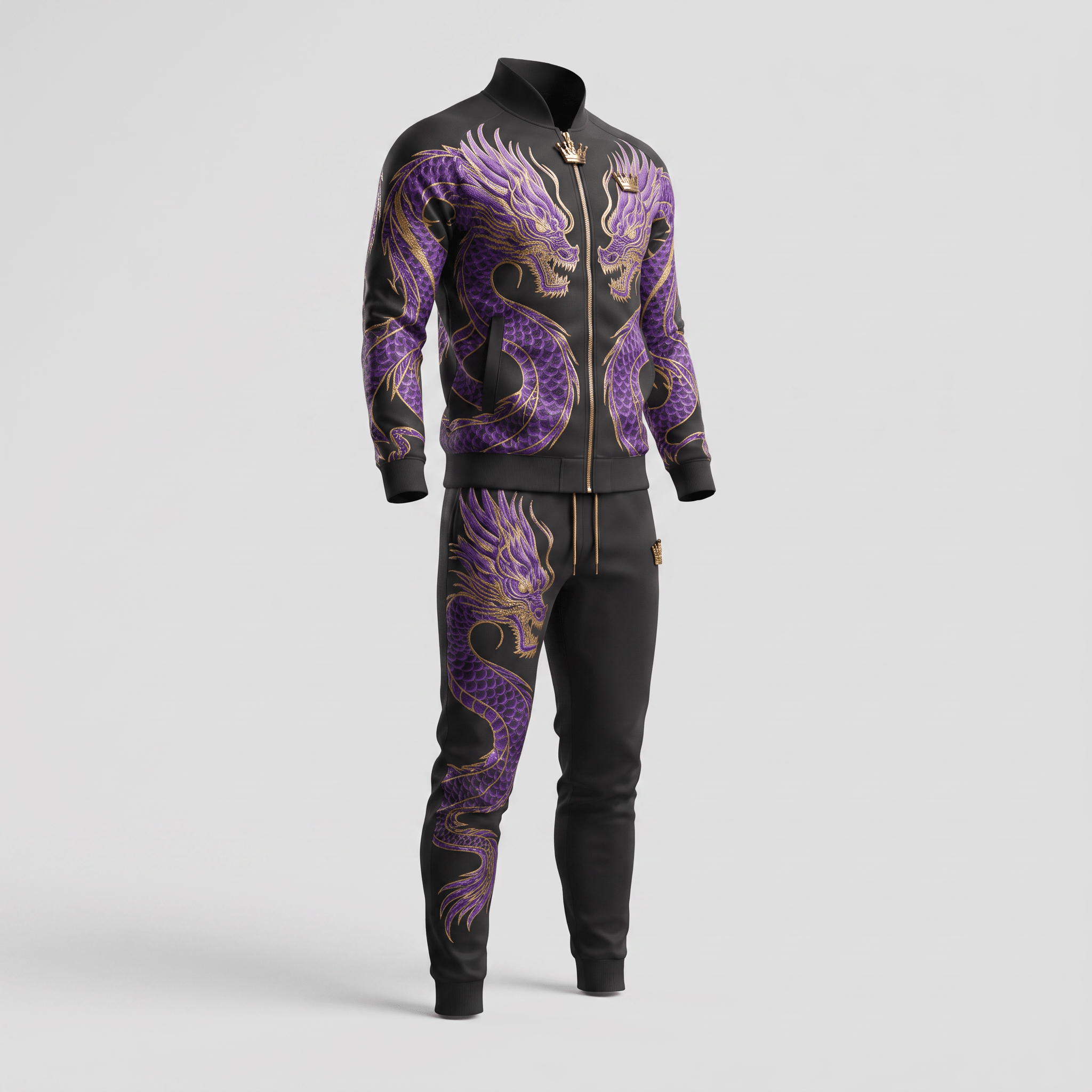 Black tracksuit featuring purple and gold dragon embroidery on the jacket and pants.