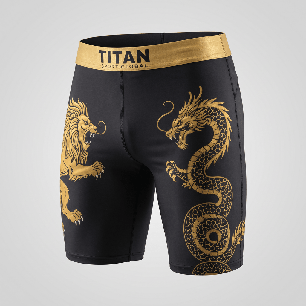 Black athletic compression shorts featuring a gold dragon and lion graphic and a gold Titan Sport Global waistband.