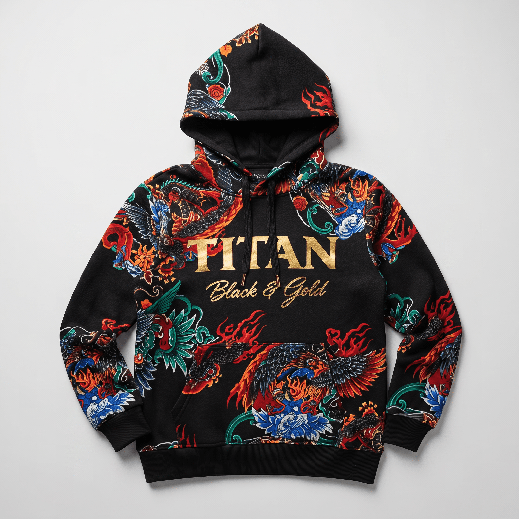 Black hoodie with colorful Japanese-style tattoo print and gold Titan Black and Gold text on the front.