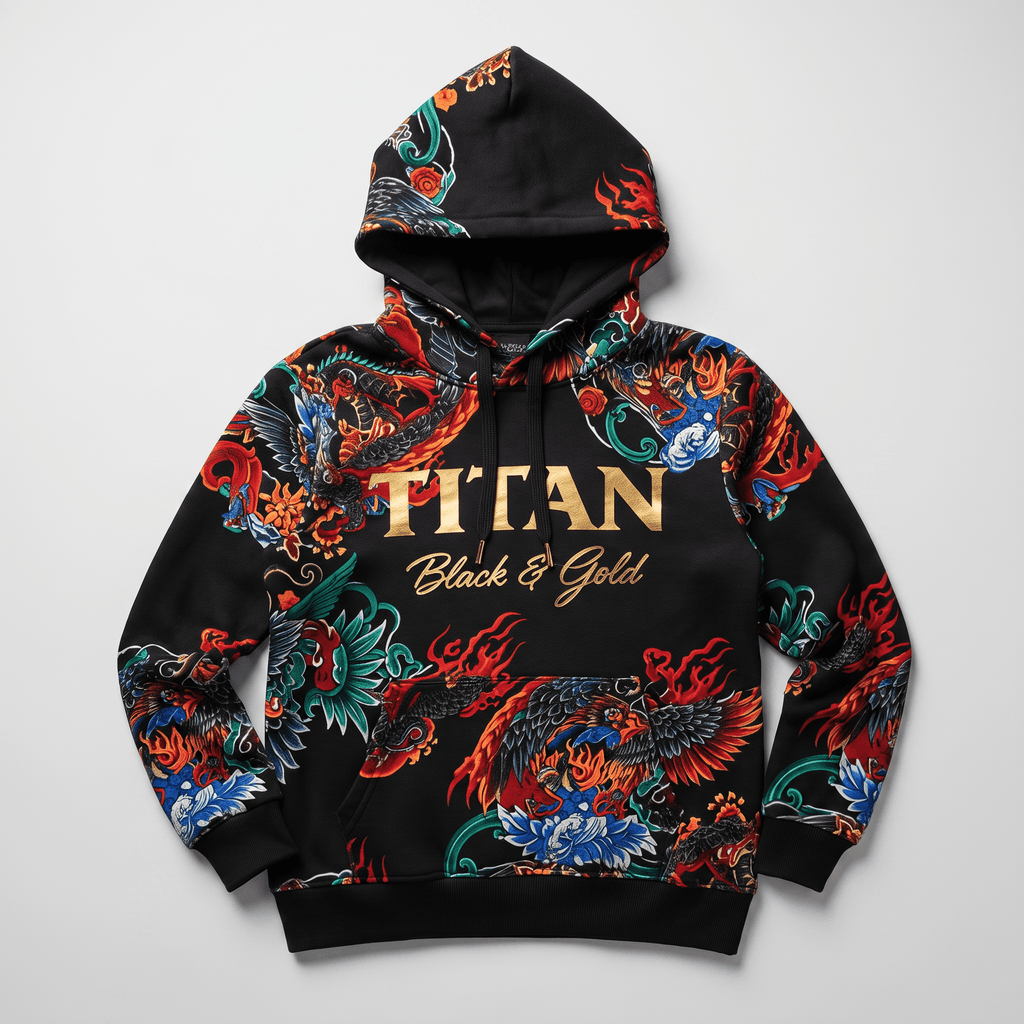 Black hoodie with vibrant Japanese dragon and phoenix print and gold Titan logo on chest.