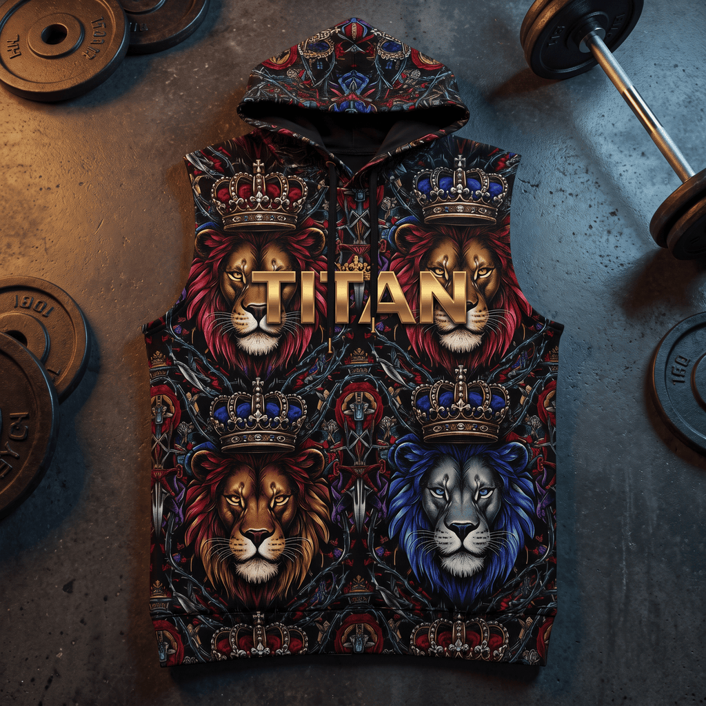 Sleeveless black hoodie featuring a colorful lion and crown pattern with "TITAN" in bold gold letters on the chest.