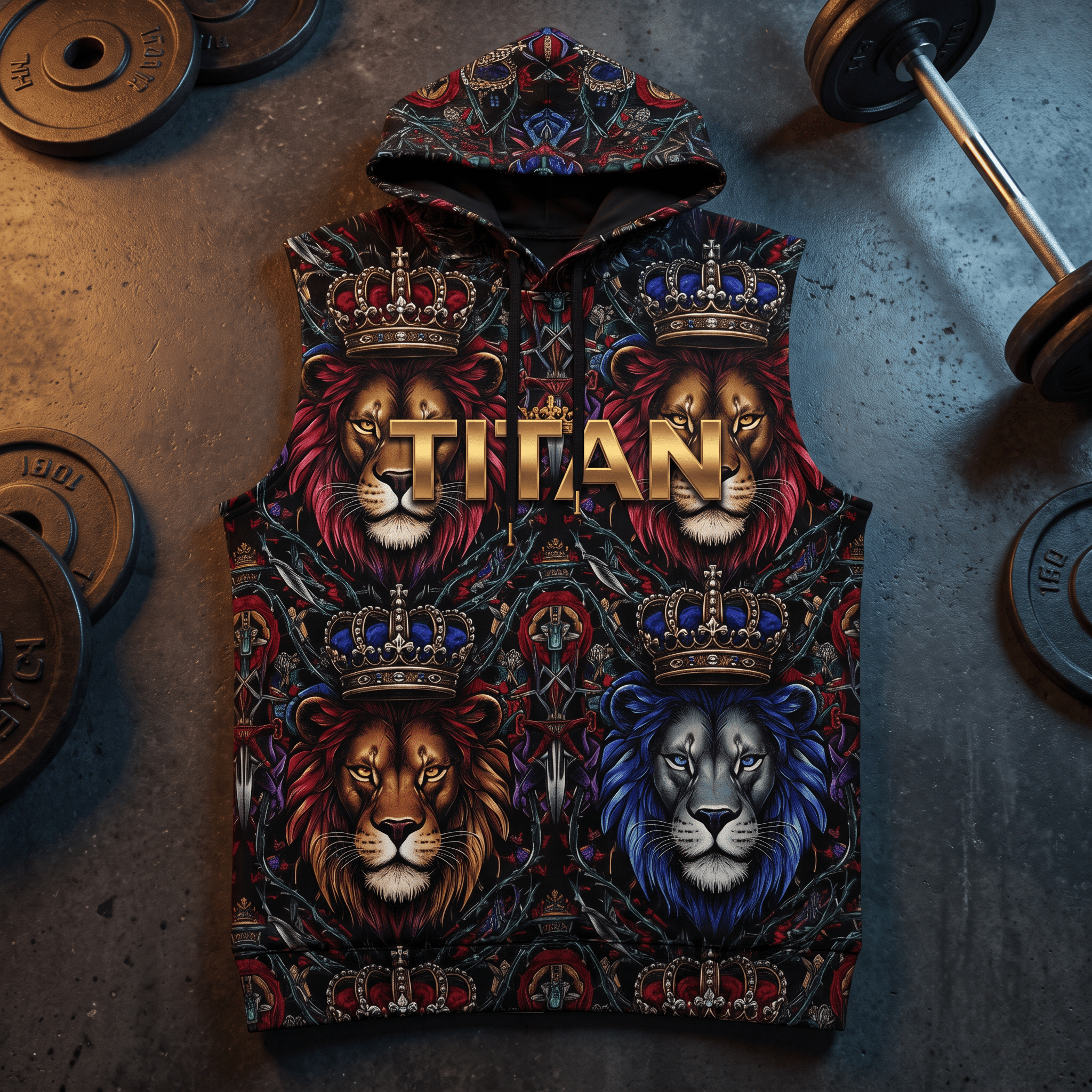 Sleeveless black hoodie featuring a colorful lion and crown pattern with "TITAN" in bold gold letters on the chest.