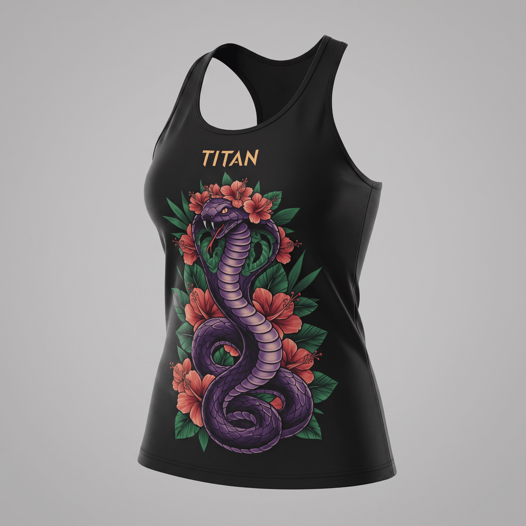 Black women's racerback tank top featuring a graphic of a purple cobra snake coiled among red hibiscus flowers.