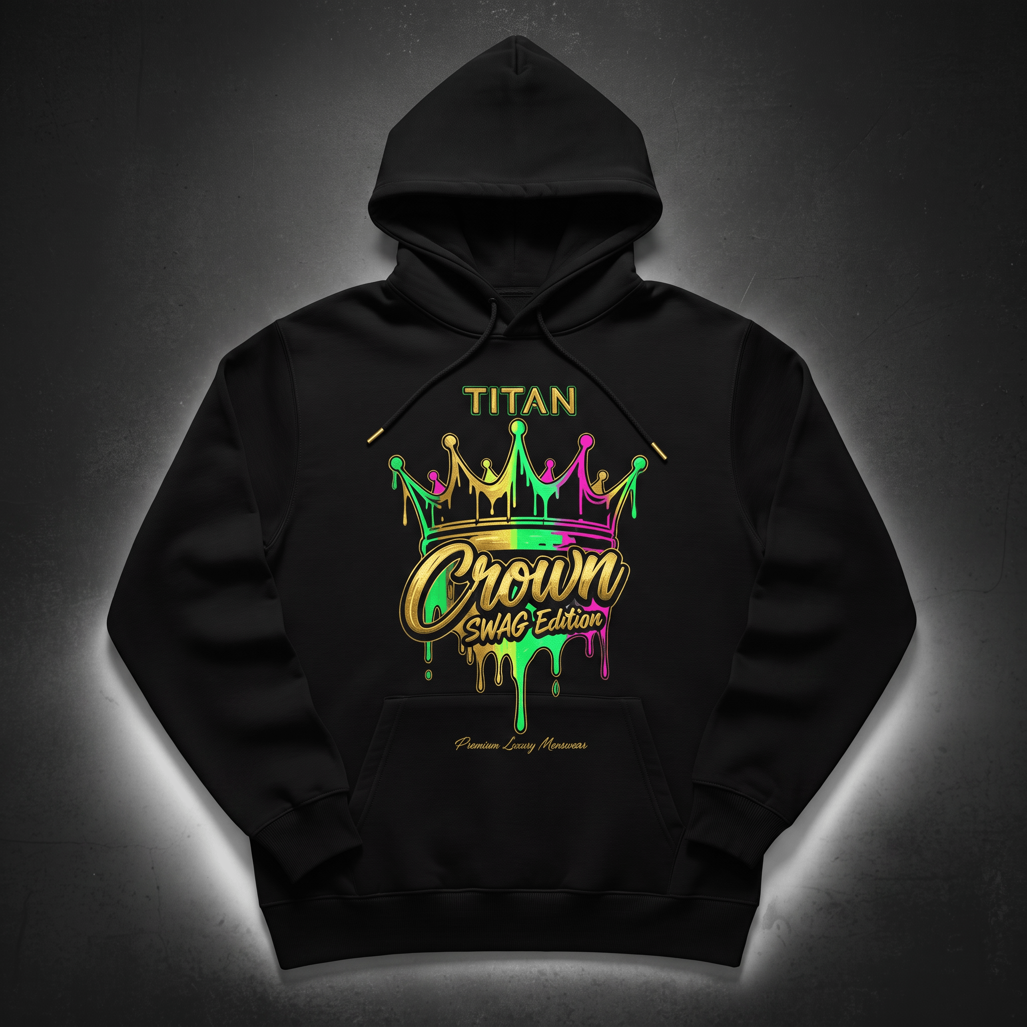 Black pullover hoodie featuring a colorful dripping crown graphic and Titan Crown Swag Edition text on chest.