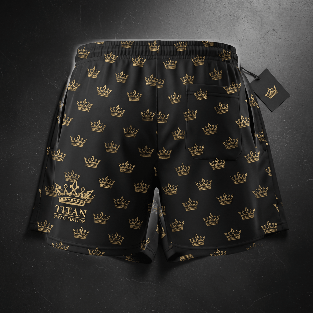 Black athletic shorts with an all-over gold crown pattern and Titan Swag Edition logo on the left leg.
