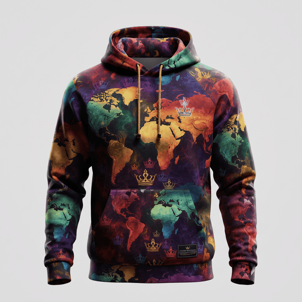 Multicolor world map print hoodie with crown graphics and a front kangaroo pocket on a light background.