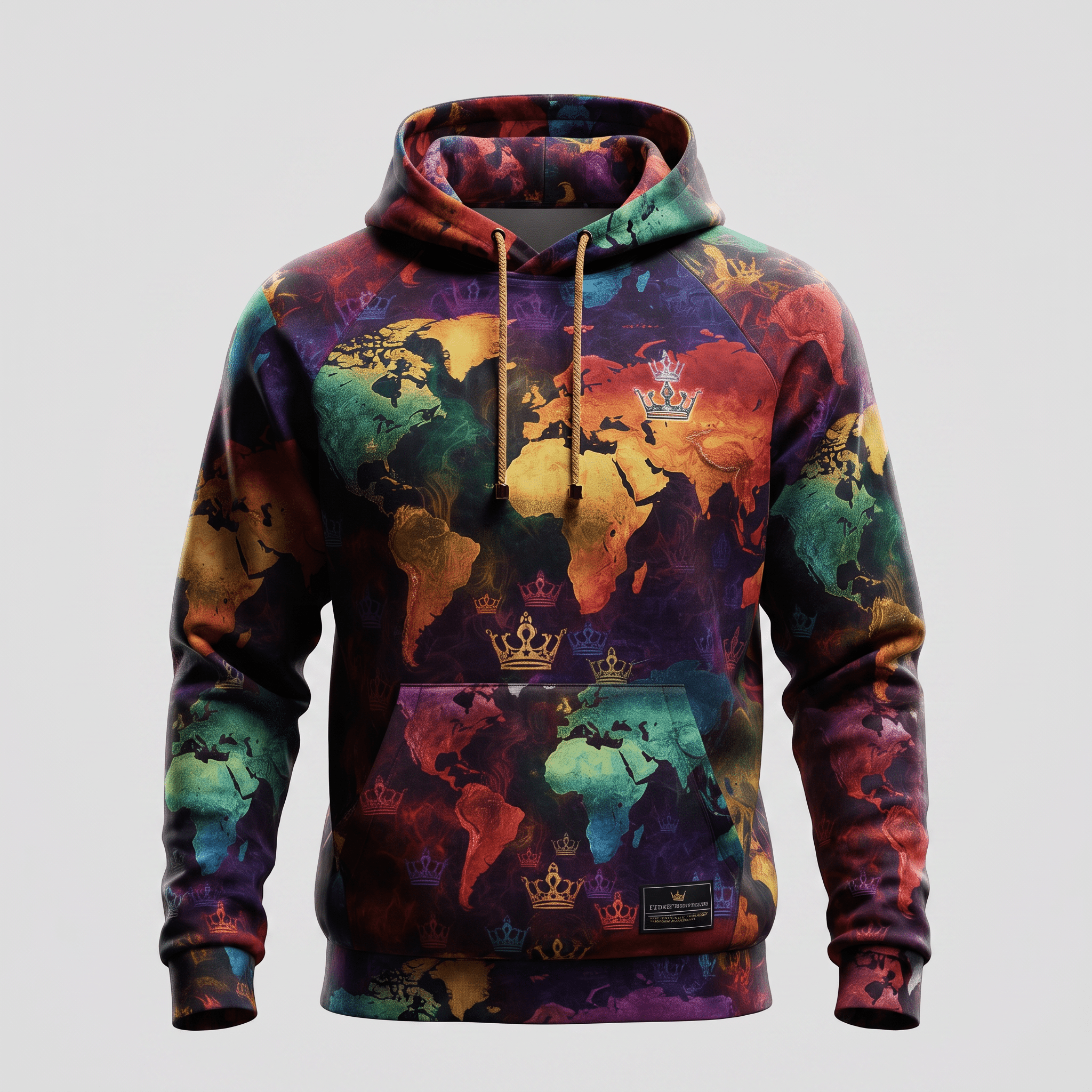 Multicolor world map print hoodie with crown graphics and a front kangaroo pocket on a light background.