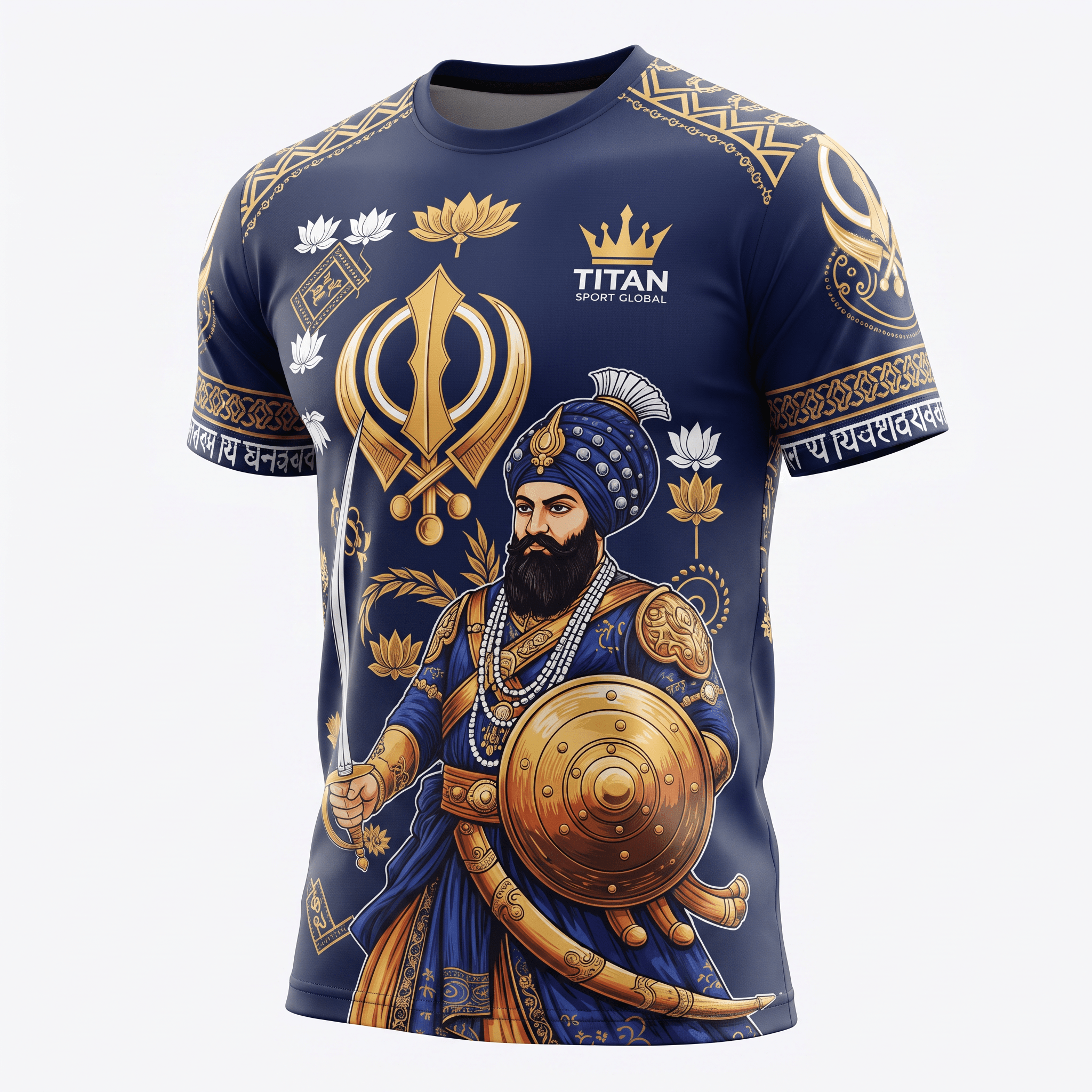 Blue athletic t-shirt featuring a graphic of a Sikh warrior with sword, shield, and gold patterns.
