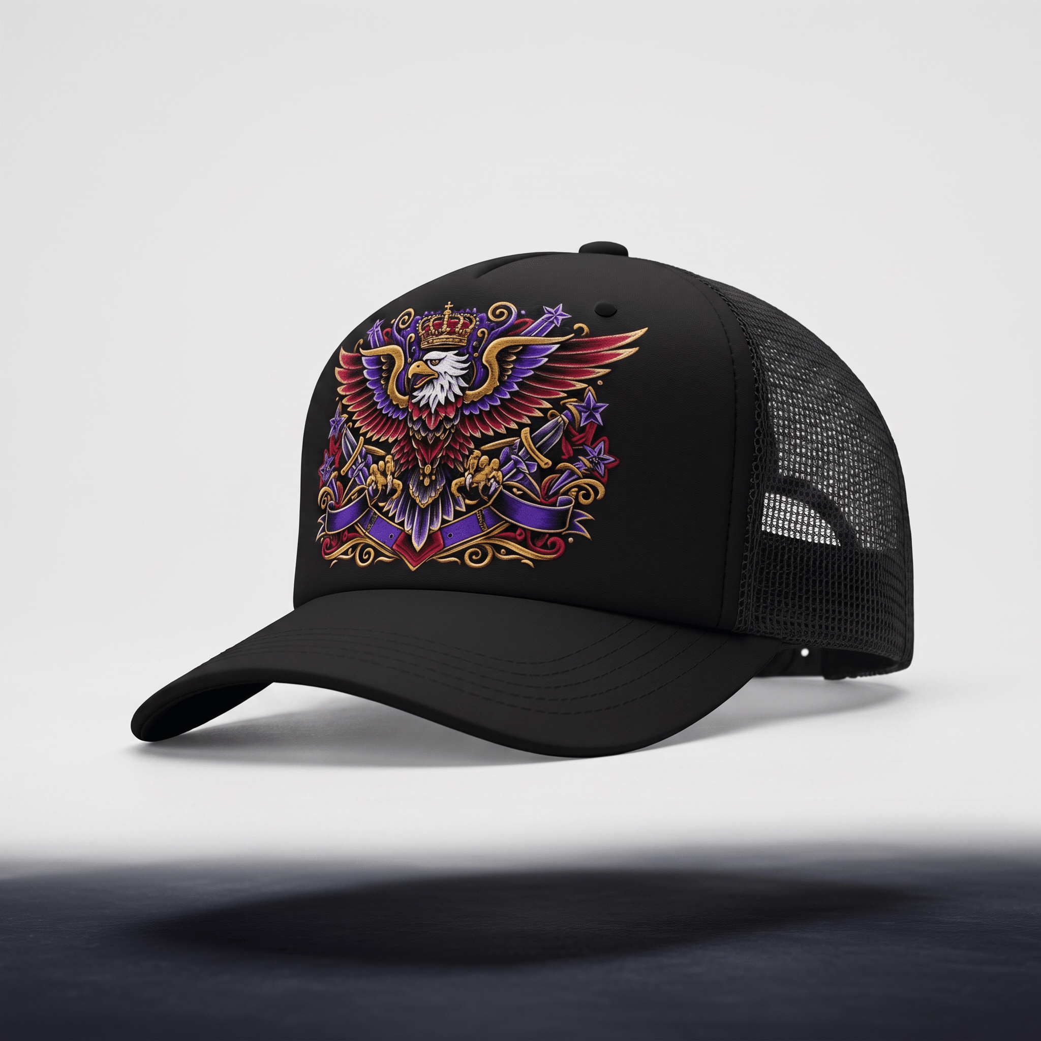 Black trucker hat with a colorful eagle, crown, and dagger graphic on the front panel.