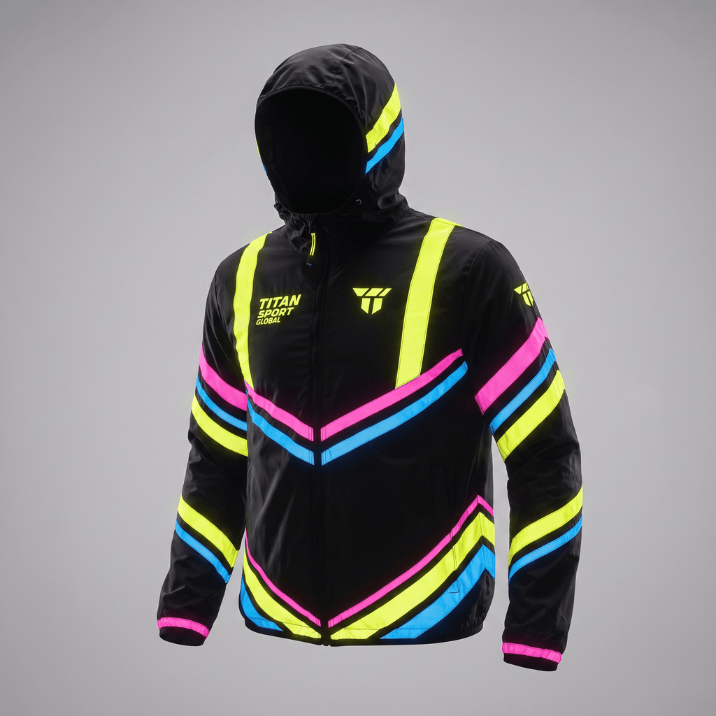 Black hooded windbreaker jacket with neon yellow, pink, and blue stripes and Titan Sport Global branding.