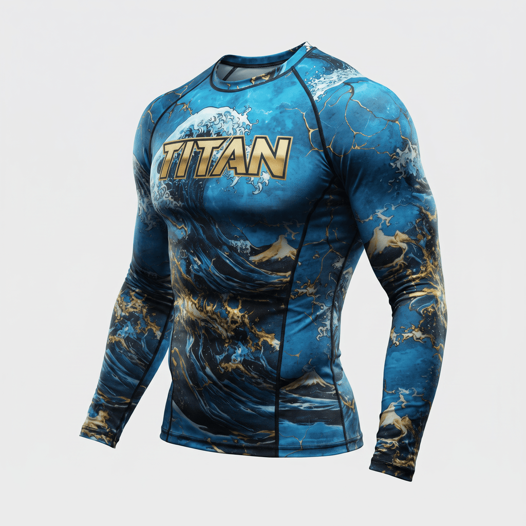 Blue long sleeve rash guard with Japanese wave graphic and gold Titan logo.