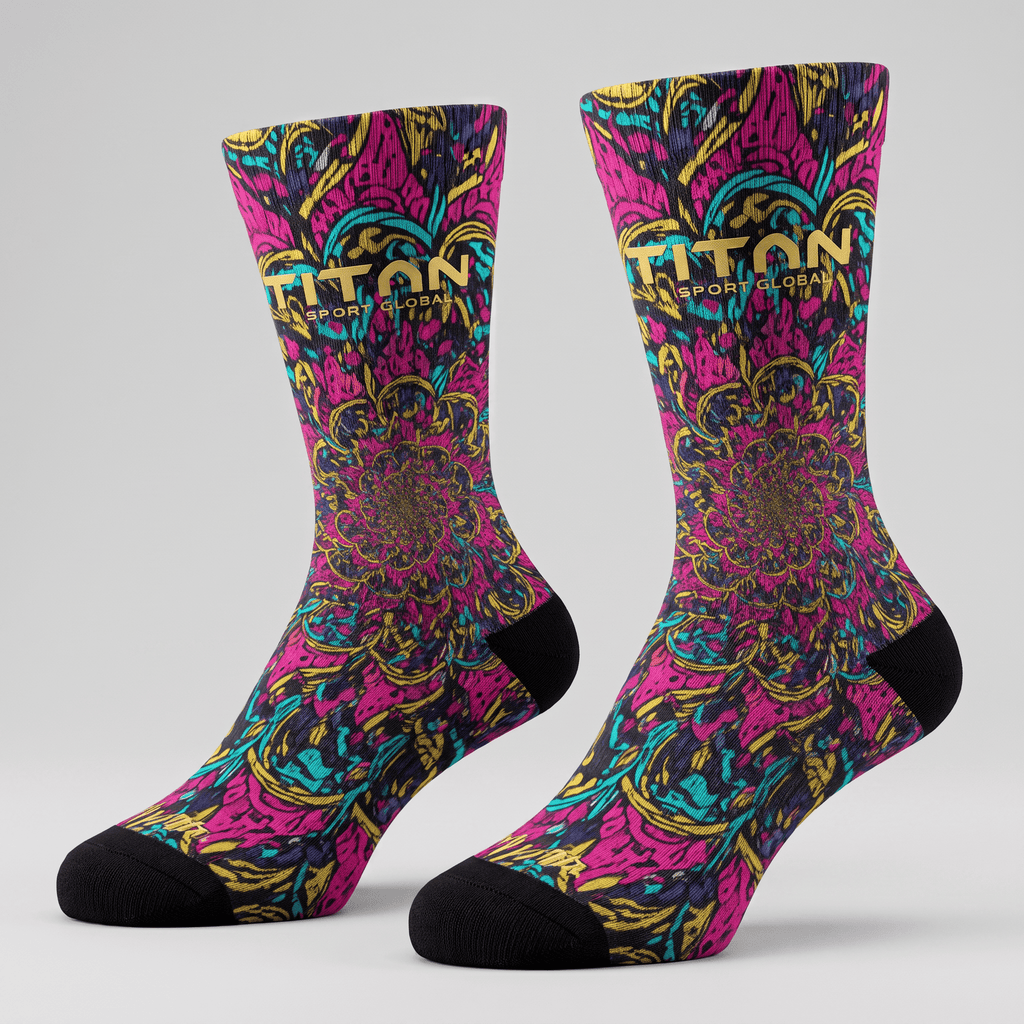 Titan Sport Global crew socks featuring a vibrant pink, blue, and gold mandala pattern with black toes.
