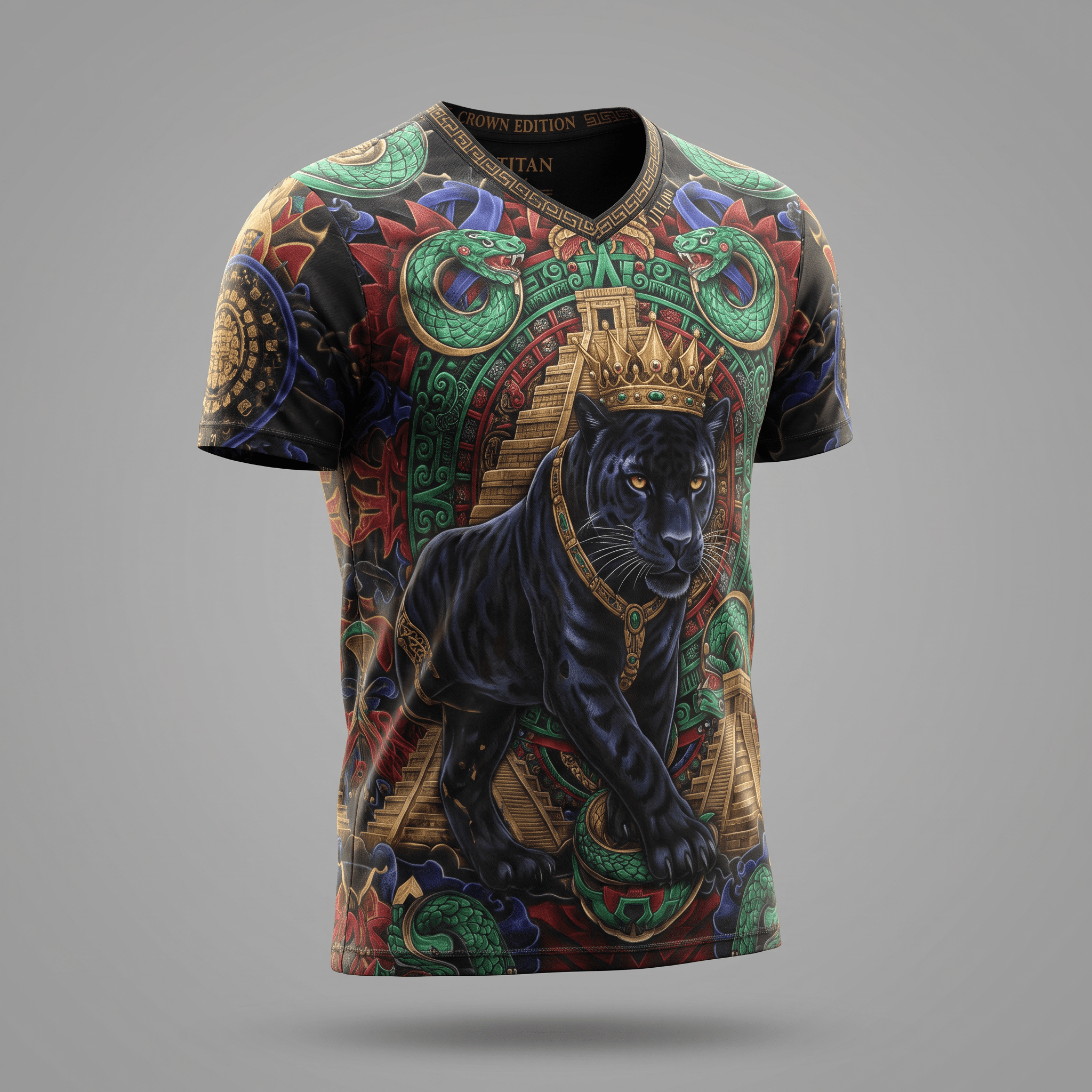 Black V-neck t-shirt featuring a detailed graphic print of a crowned black panther, serpents, and Aztec pyramids.