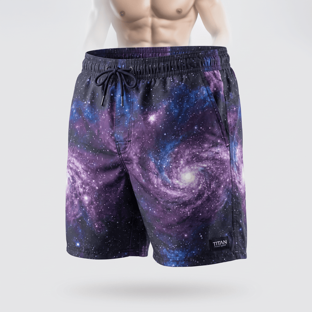 Purple and blue galaxy print swim trunks with an elastic drawstring waist displayed on a male mannequin.