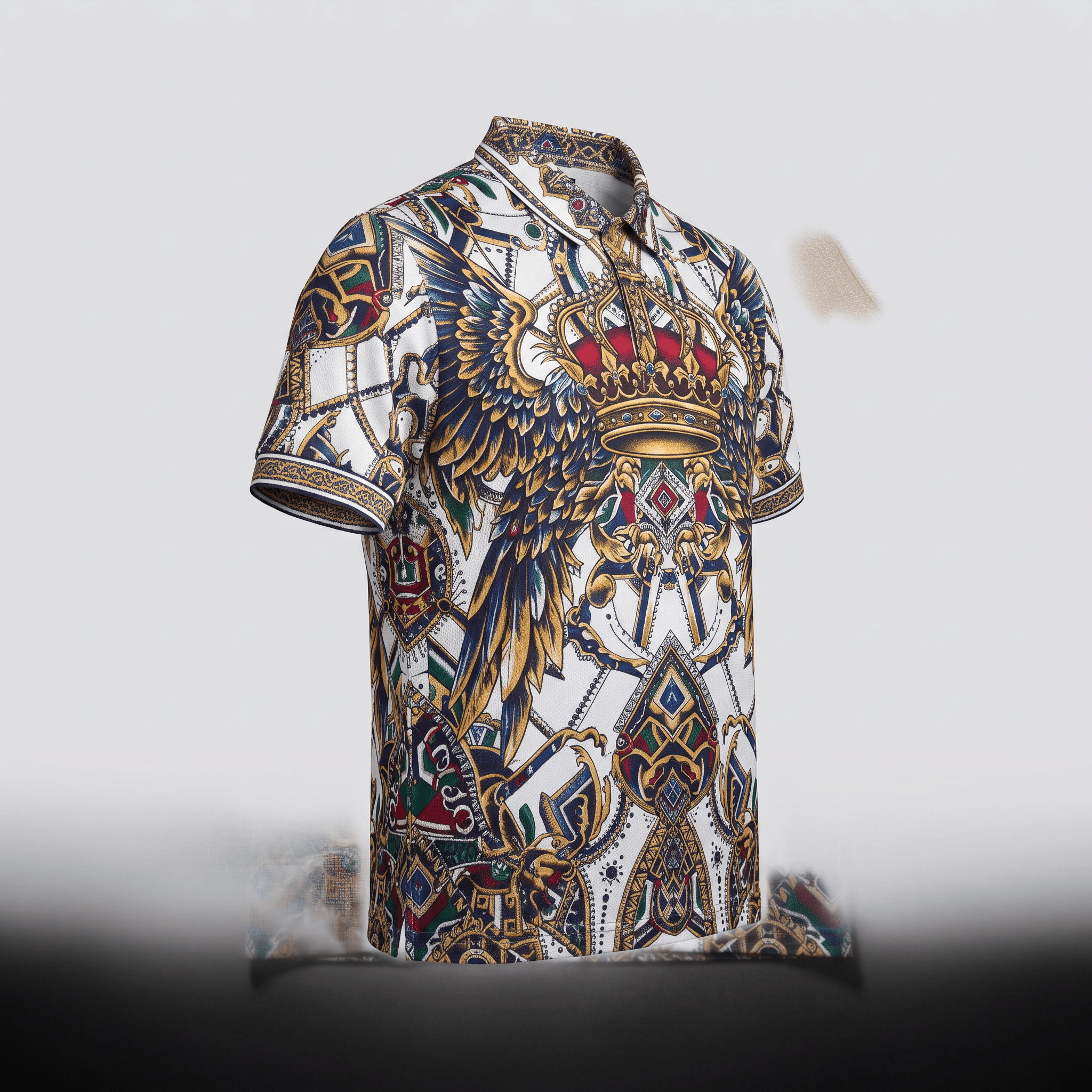 White polo shirt with intricate baroque crown and winged animal pattern in blue, gold, and red.