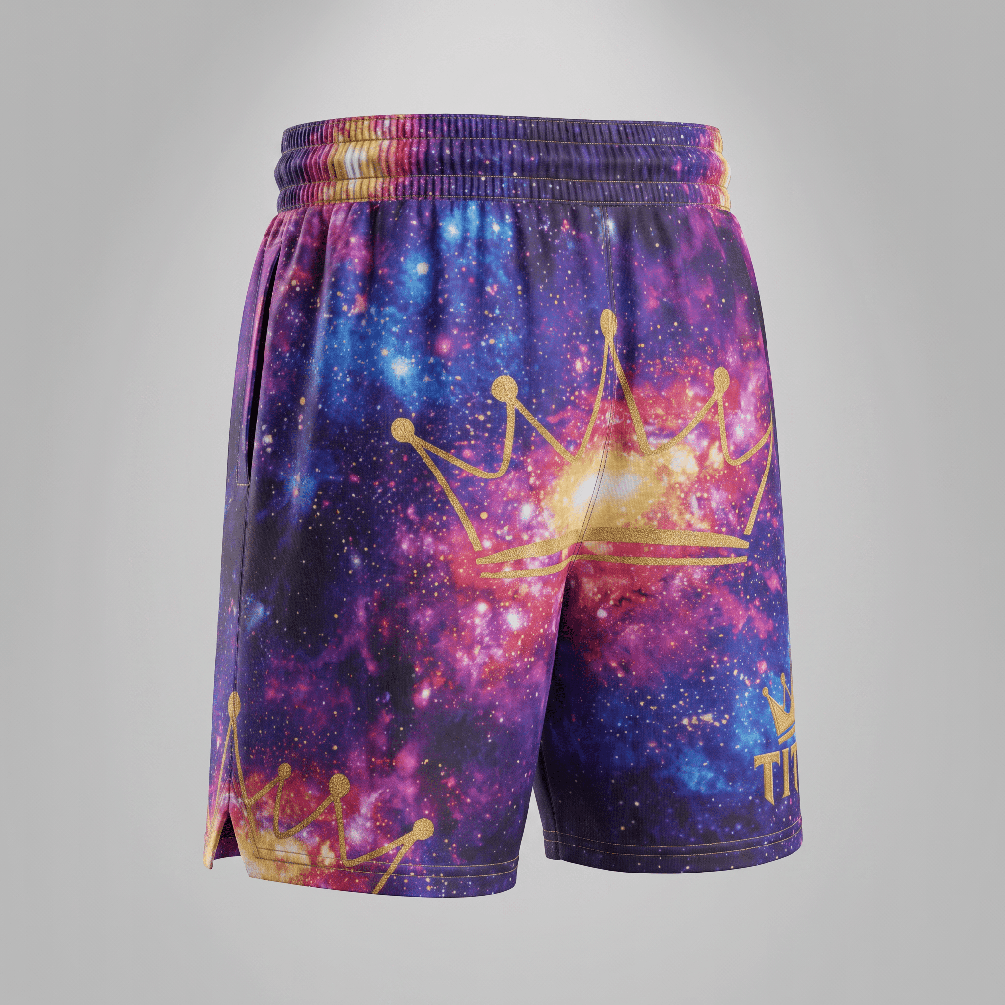 Purple galaxy print basketball shorts with gold crown graphics against a neutral grey background.