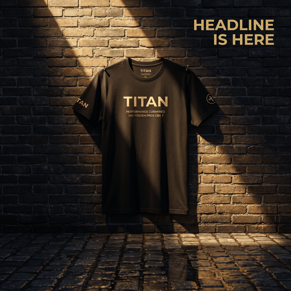 Black short-sleeve athletic t-shirt with gold "TITAN" logo hanging against a rustic brick wall.