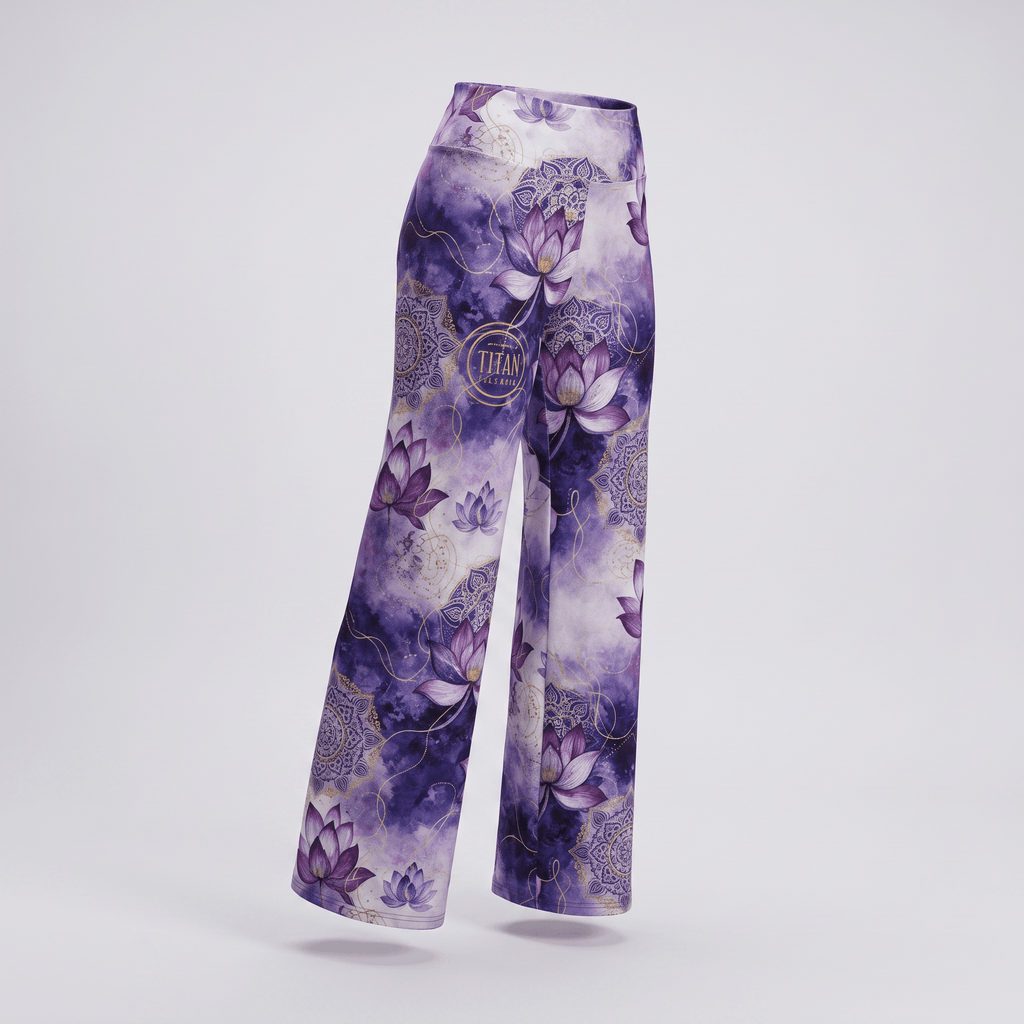 Purple wide-leg yoga pants with a mandala and lotus flower watercolor print.