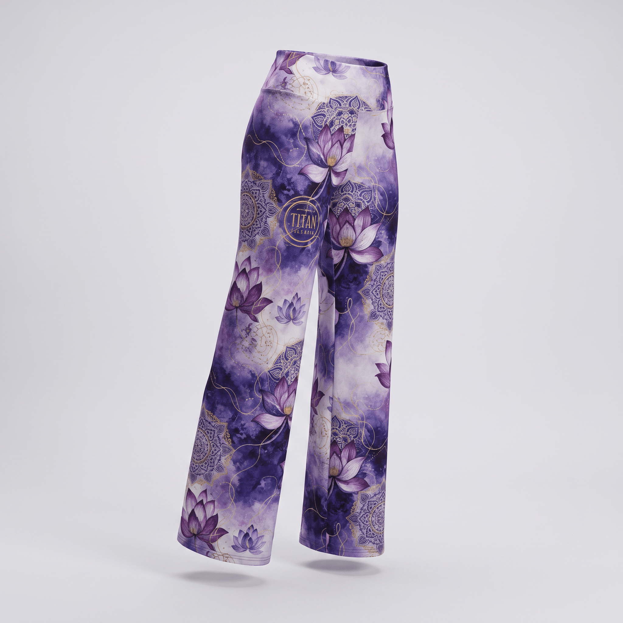 Purple wide-leg yoga pants with a mandala and lotus flower watercolor print.