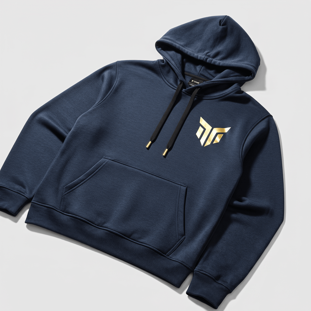 Navy blue hoodie with a gold logo on the chest, black drawstrings, and a front pocket, displayed flat.