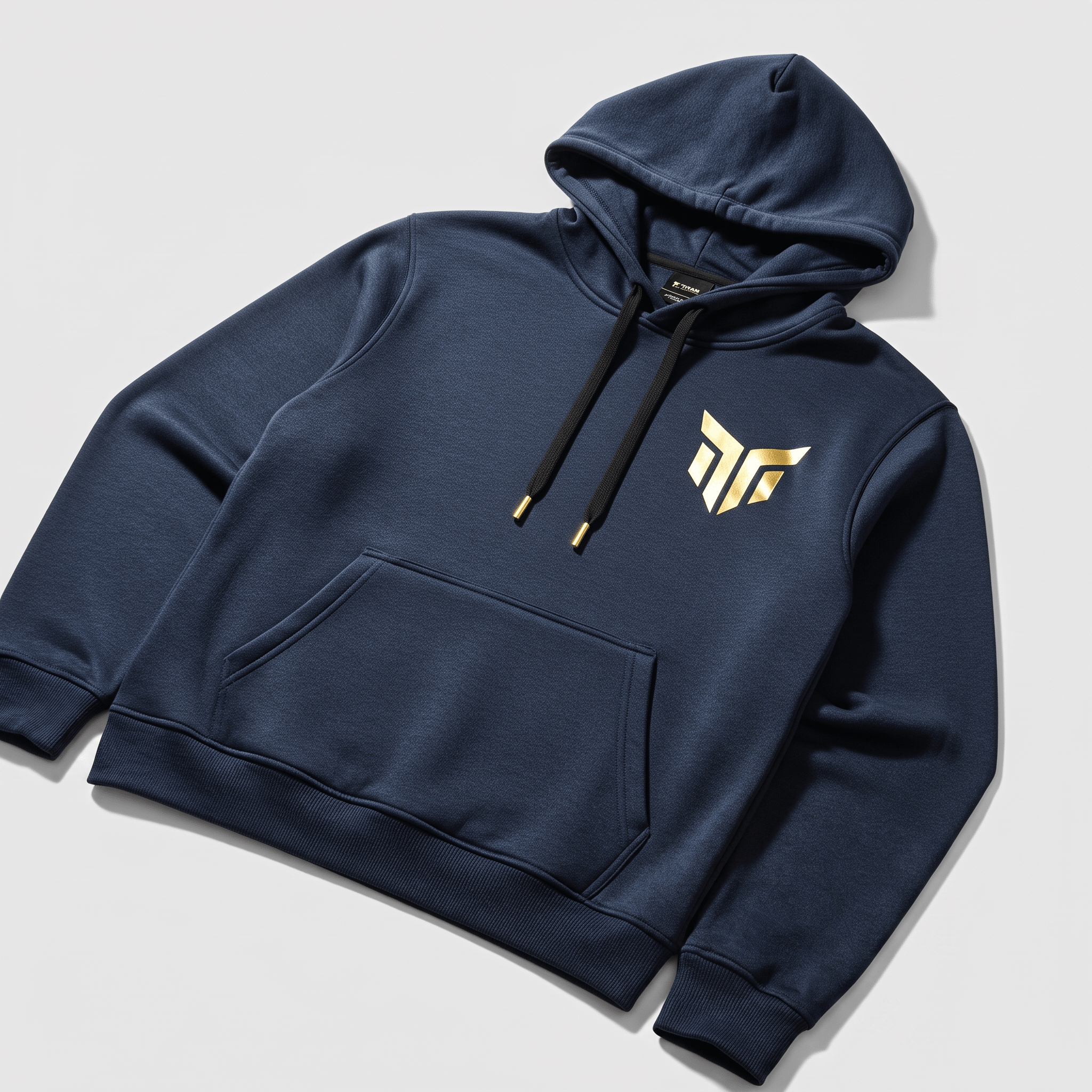 Navy blue pullover hoodie with a gold logo on the chest, black drawstrings, and a front pocket.