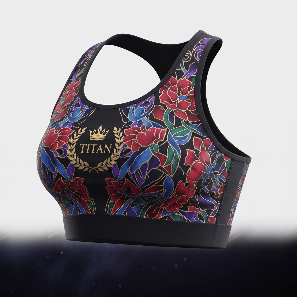 Black sports bra featuring a colorful floral pattern and gold Titan crown logo.
