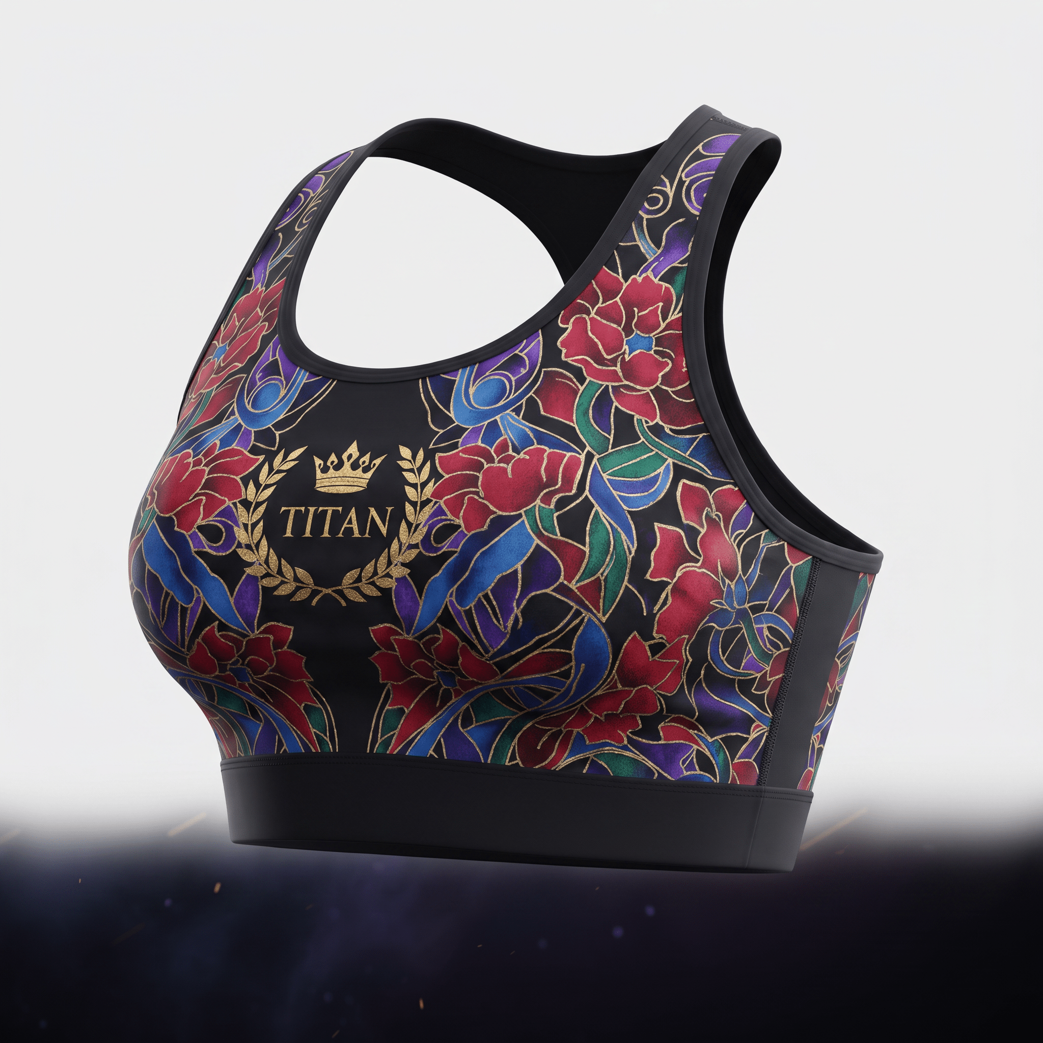 Black sports bra featuring a colorful floral pattern and gold Titan crown logo.