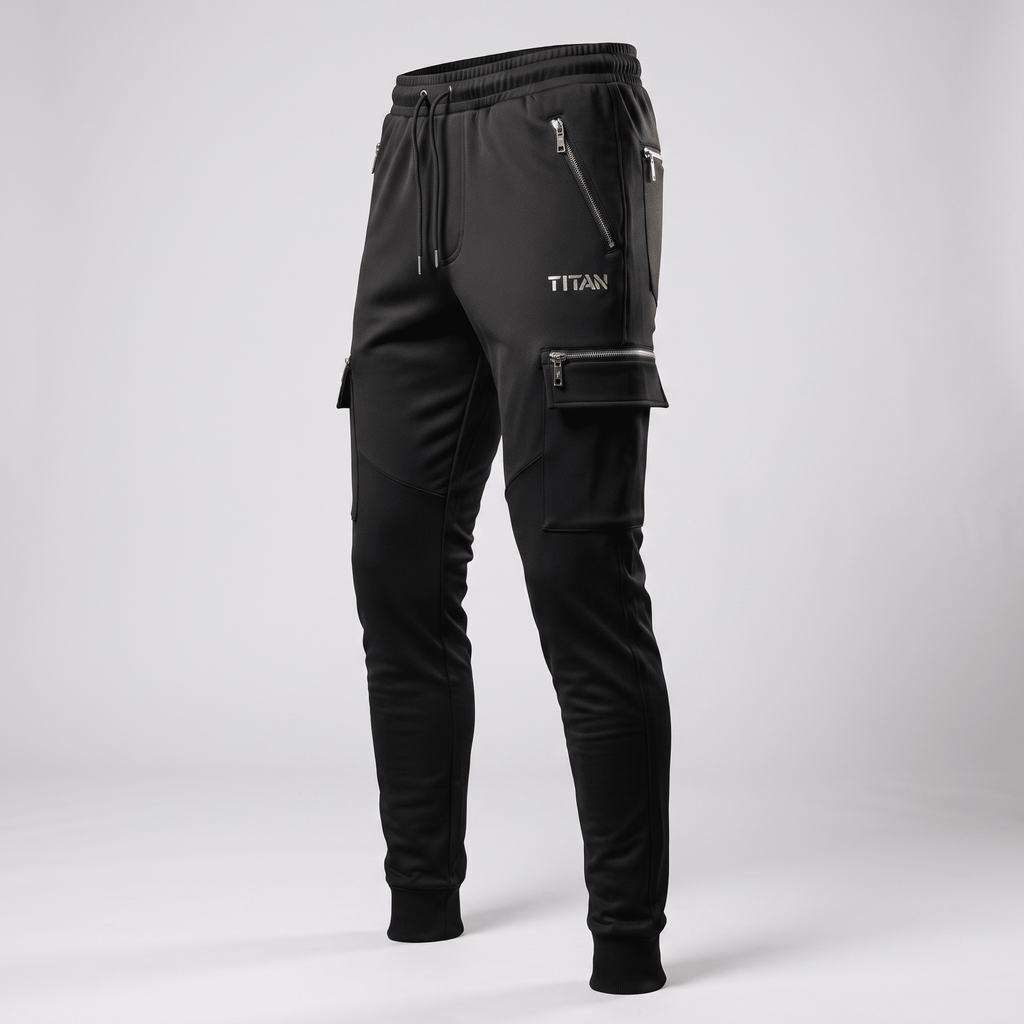 Black athletic cargo sweatpants with zipped pockets and Titan logo on grey background.