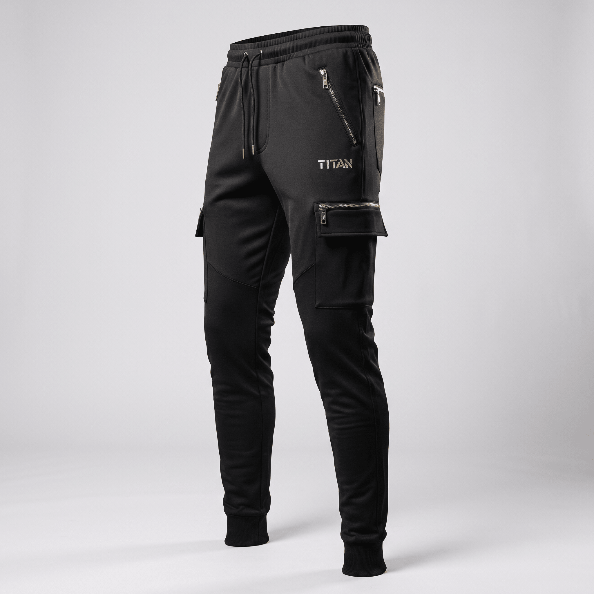 Black Titan cargo joggers with zipped pockets and an elastic drawstring waist.
