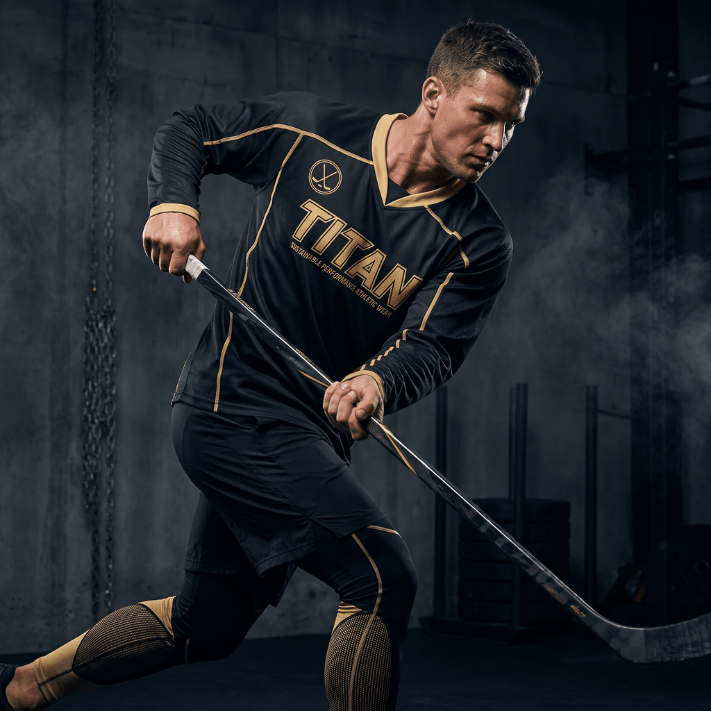 Male athlete in black and gold TITAN hockey jersey grips stick, posing in gym.