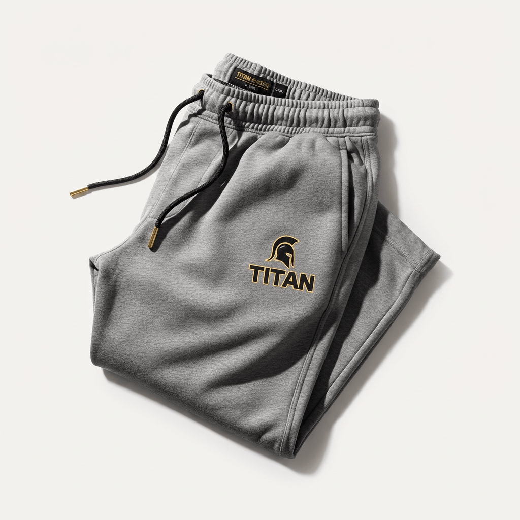 Folded heather grey Titan sweatpants with black drawstrings and gold helmet logo on a white background.