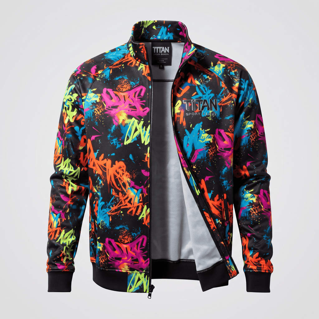 Black zip-up track jacket featuring a vibrant, colorful neon graffiti print with Titan branding on a white background.