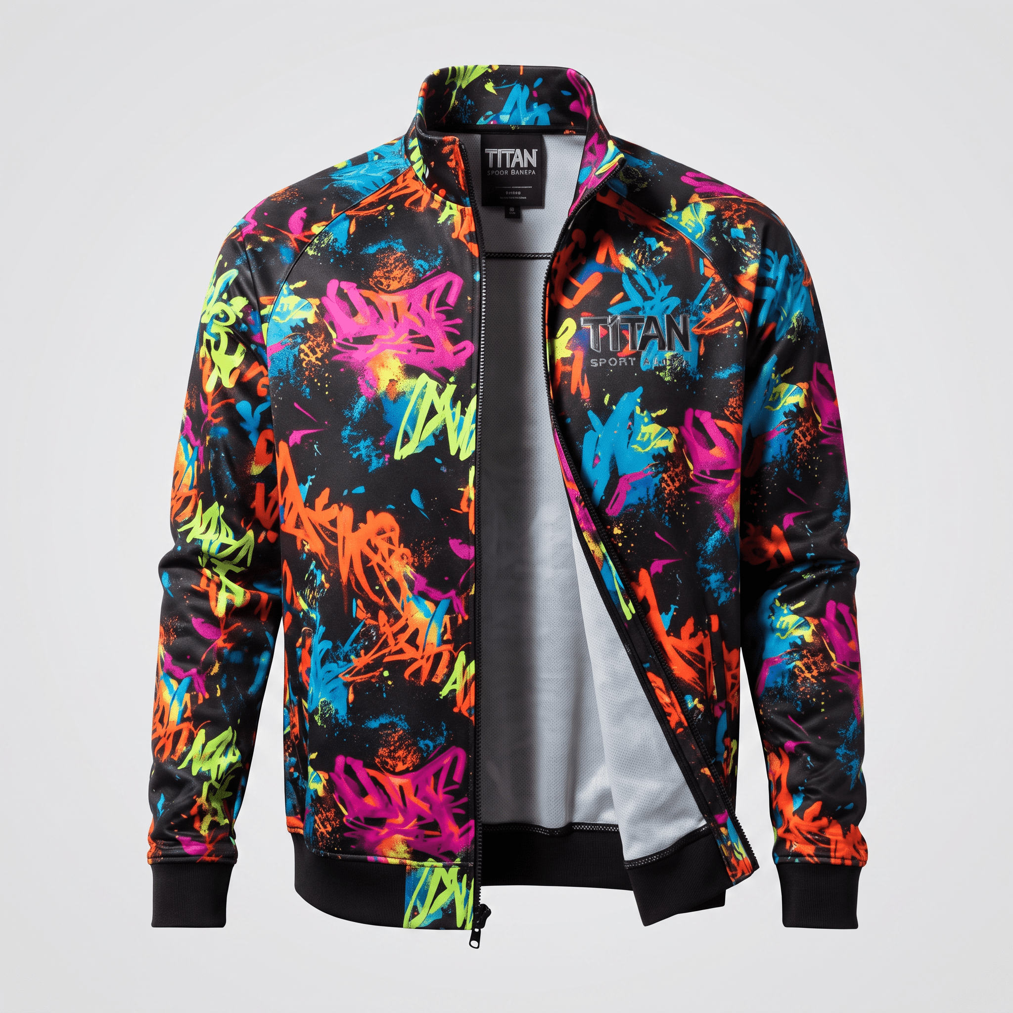 Black zip-up track jacket featuring a vibrant, colorful neon graffiti print with Titan branding on a white background.