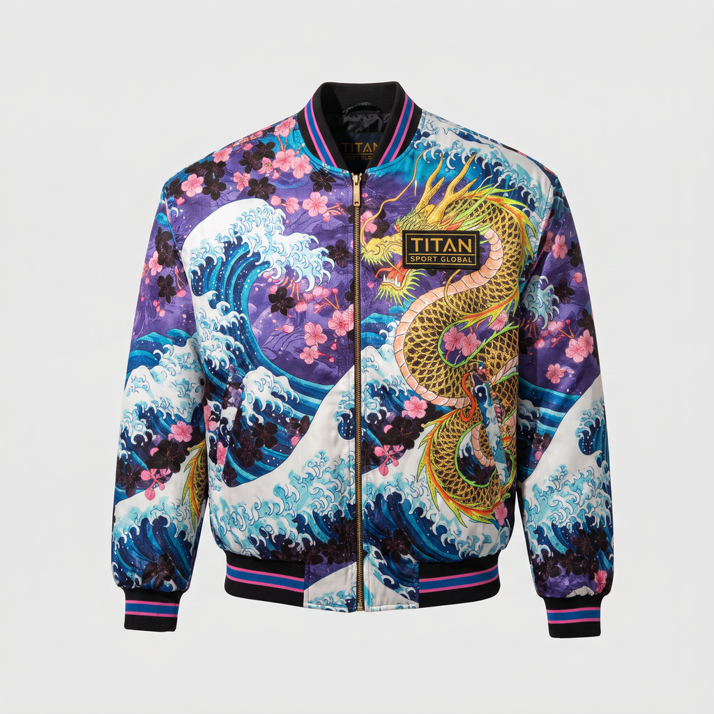 Purple and blue bomber jacket featuring a Japanese dragon, ocean waves, and cherry blossoms on a white background.
