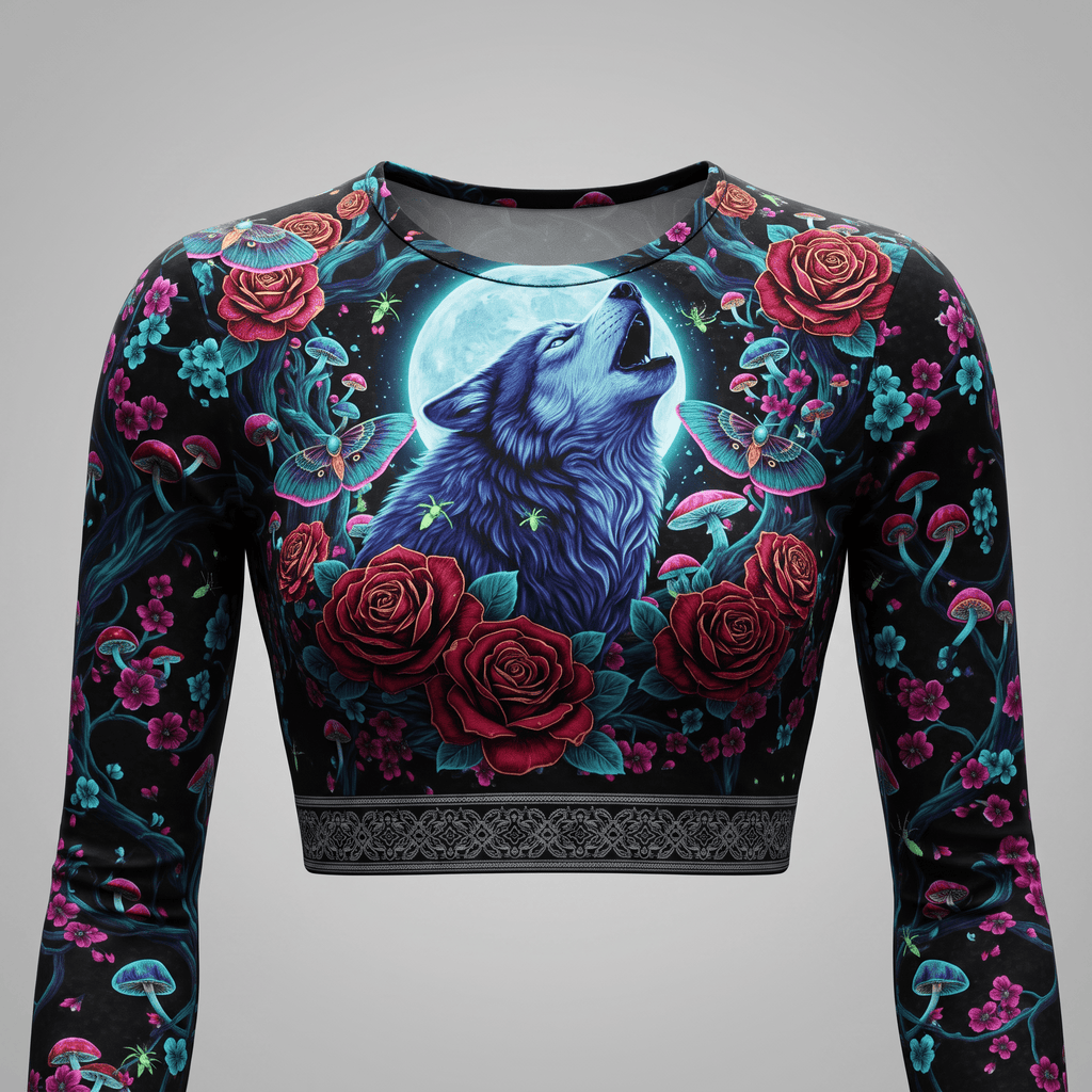 Black long-sleeve crop top with a fantasy wolf, moon, red roses, and mushrooms print.
