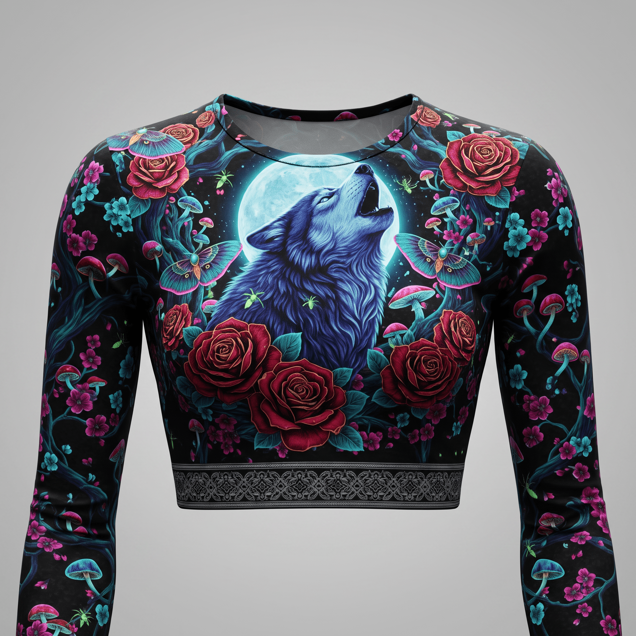 Black long-sleeve crop top with a fantasy wolf, moon, red roses, and mushrooms print.