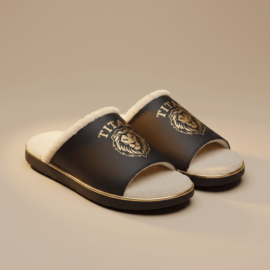 Black and gold slide slippers featuring a faux-fur lining and a lion logo graphic.