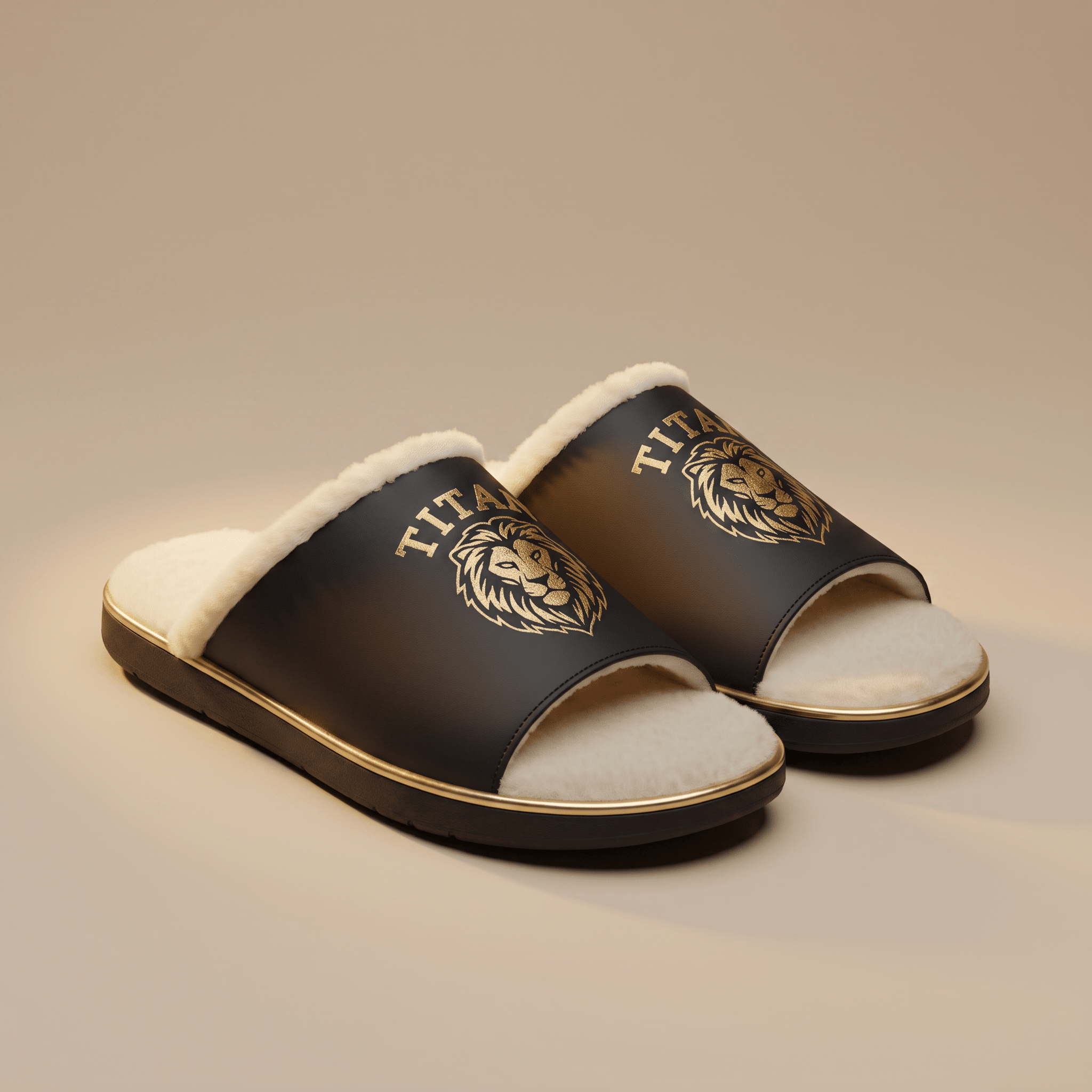 Black and gold slide slippers featuring a faux-fur lining and a lion logo graphic.
