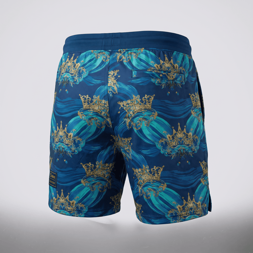 Rear view of blue athletic shorts featuring a turquoise wave and gold crown pattern on a white background.