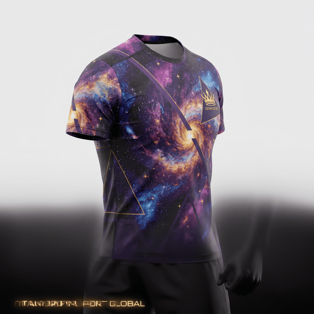 Purple galaxy print athletic t-shirt with geometric gold lines and a crown logo on the chest.