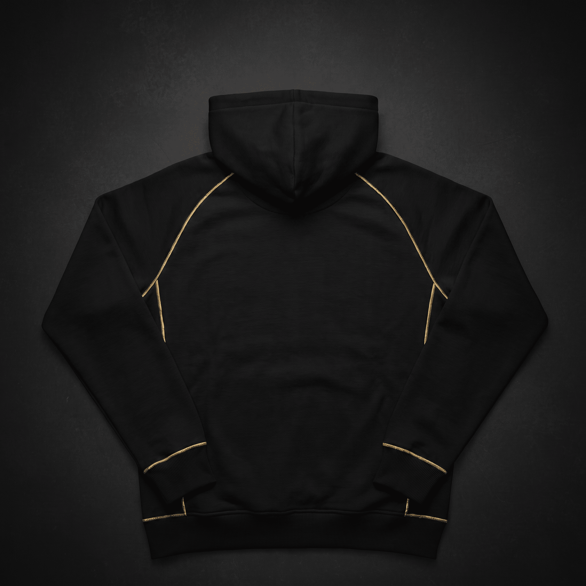 Black hoodie with contrasting gold piping and raglan sleeves, viewed from the back.