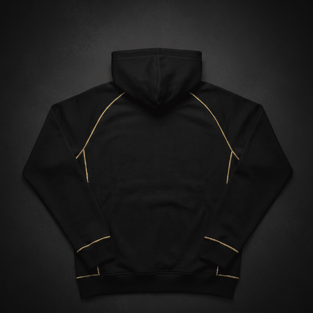 Back view of a black hoodie with gold contrast stitching, set against a dark background.