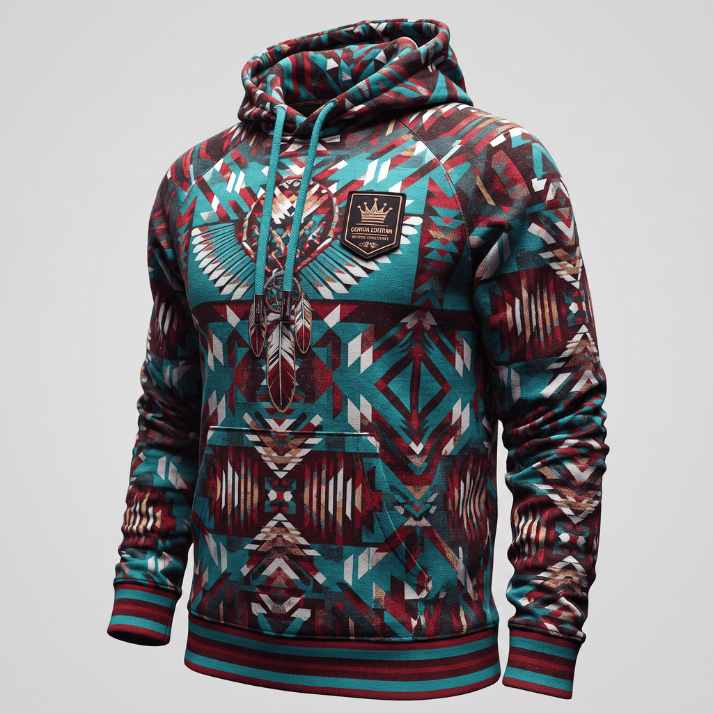 Teal and red hoodie with geometric Aztec pattern, crown patch, and feather graphics on a light background.