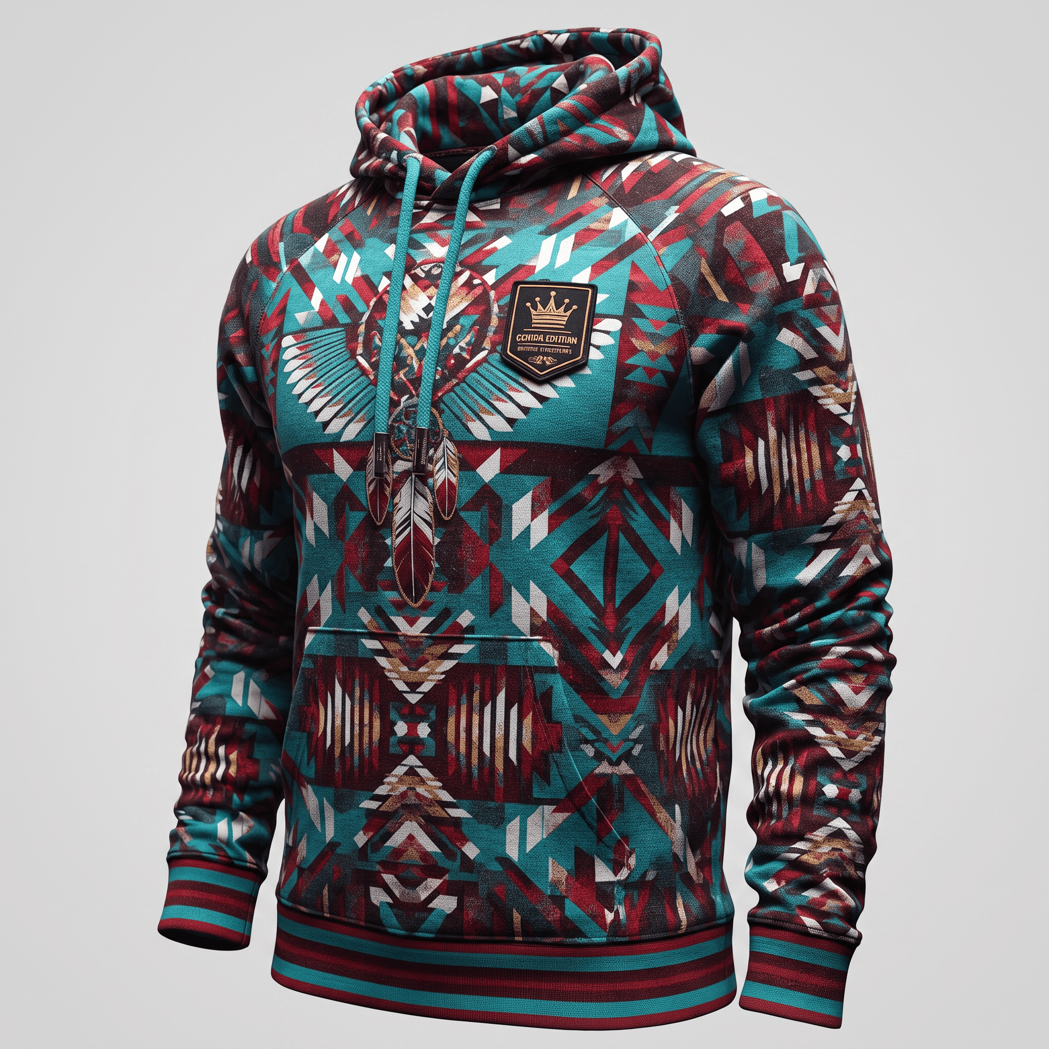 Teal and red hoodie with geometric Aztec pattern, crown patch, and feather graphics on a light background.