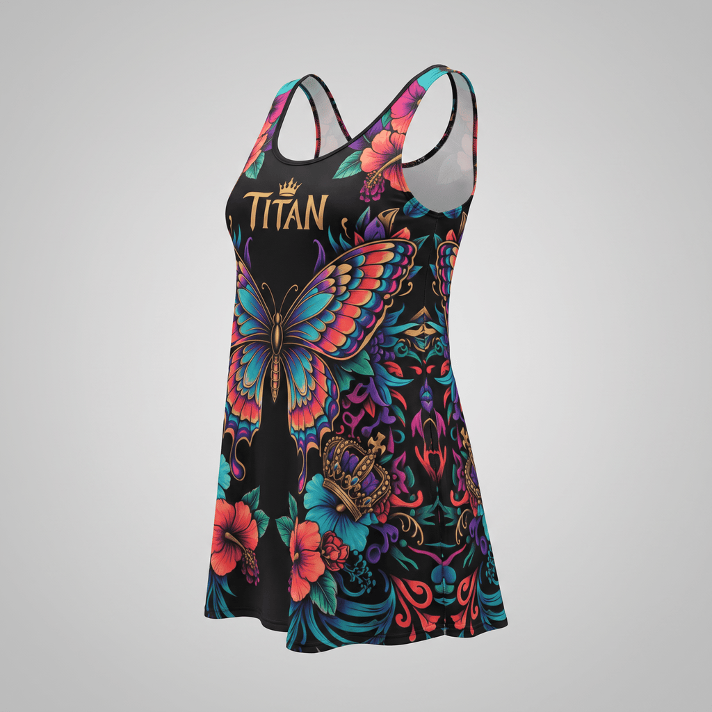 Black athletic tank dress with vibrant butterfly, floral, and crown print and Titan logo.