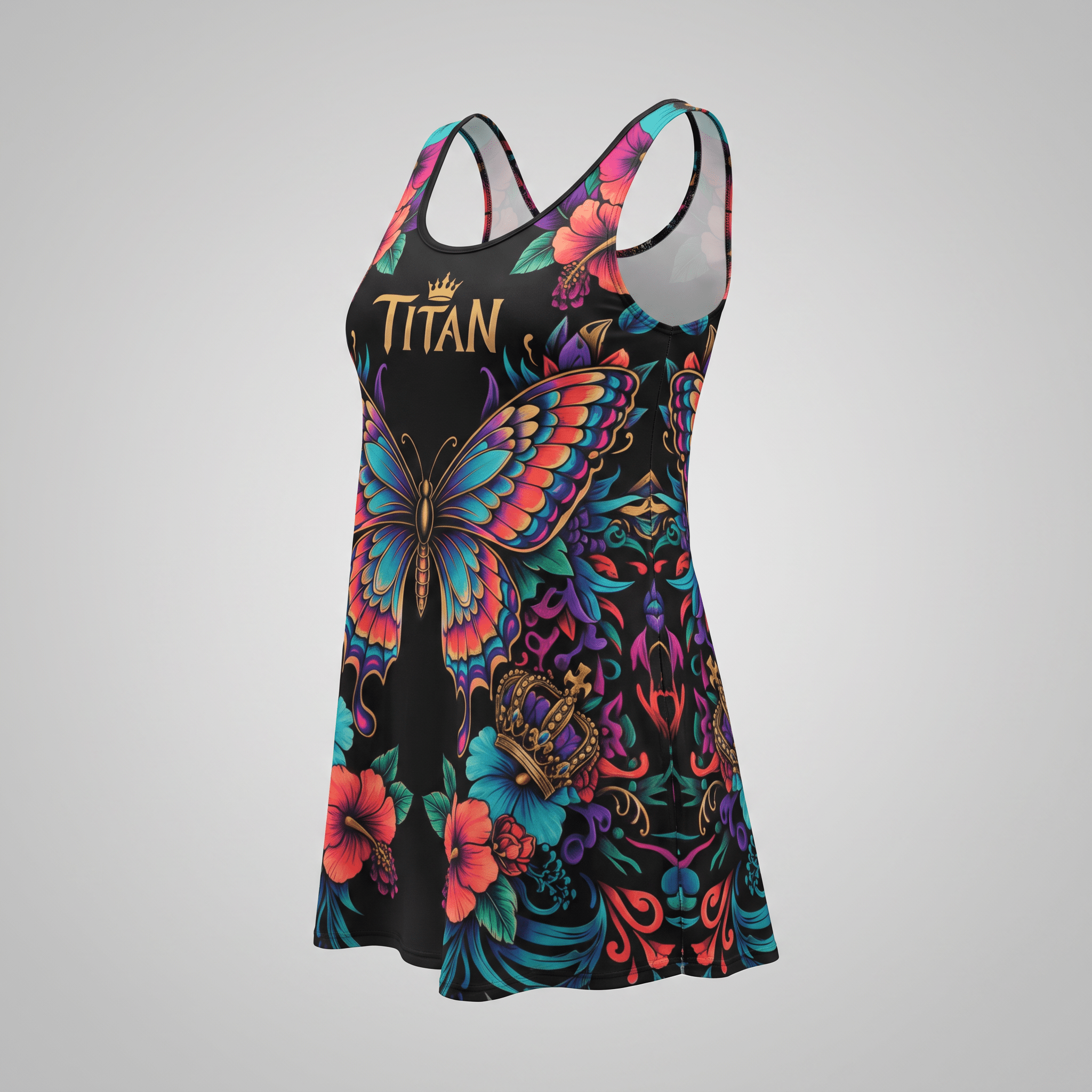 Black athletic tank dress with vibrant butterfly, floral, and crown print and Titan logo.