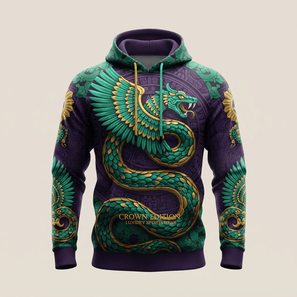 Purple and green hoodie featuring a golden winged serpent graphic and Aztec-inspired patterns.