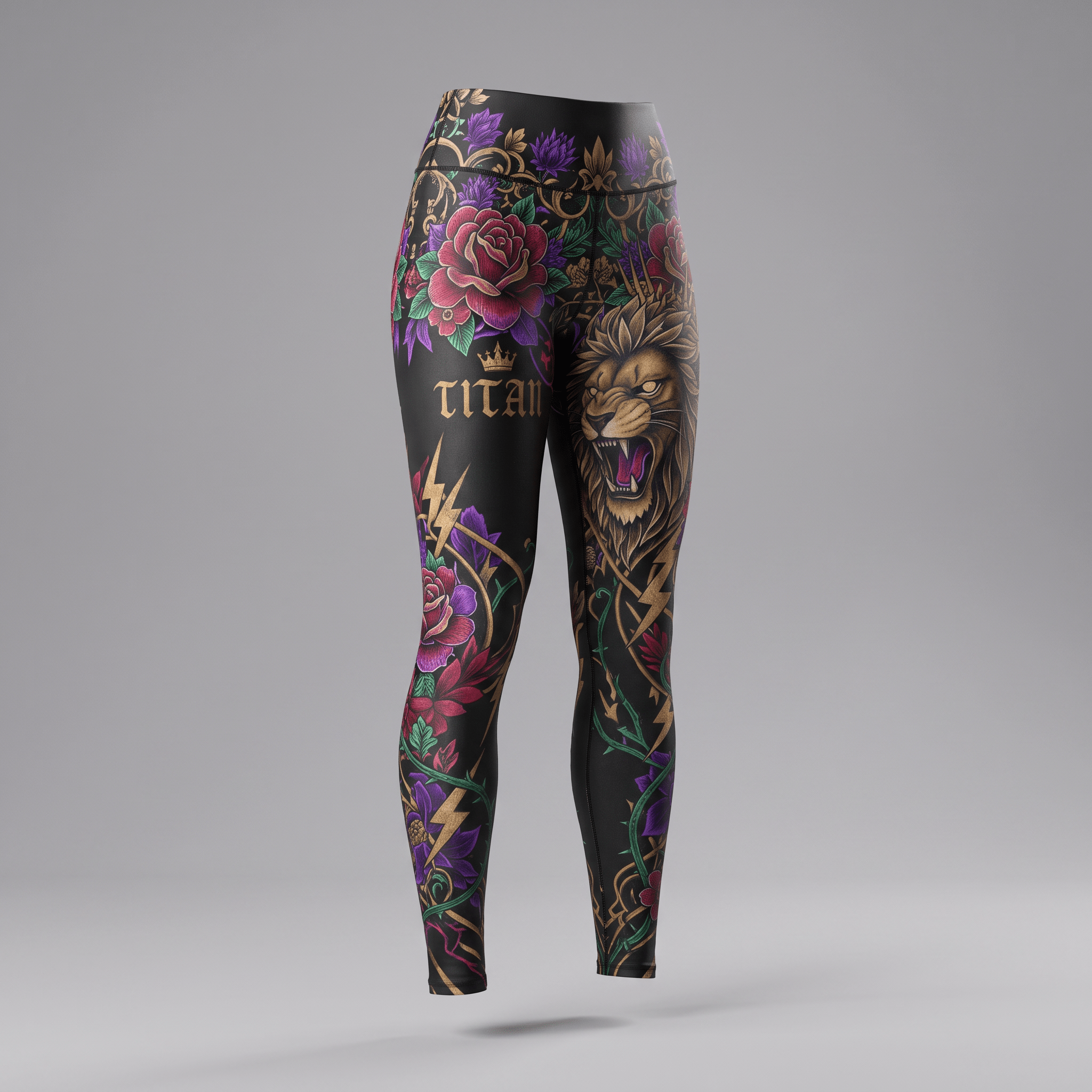 Black athletic leggings featuring a colorful tattoo style print of a roaring lion, roses, and the word TITAN.