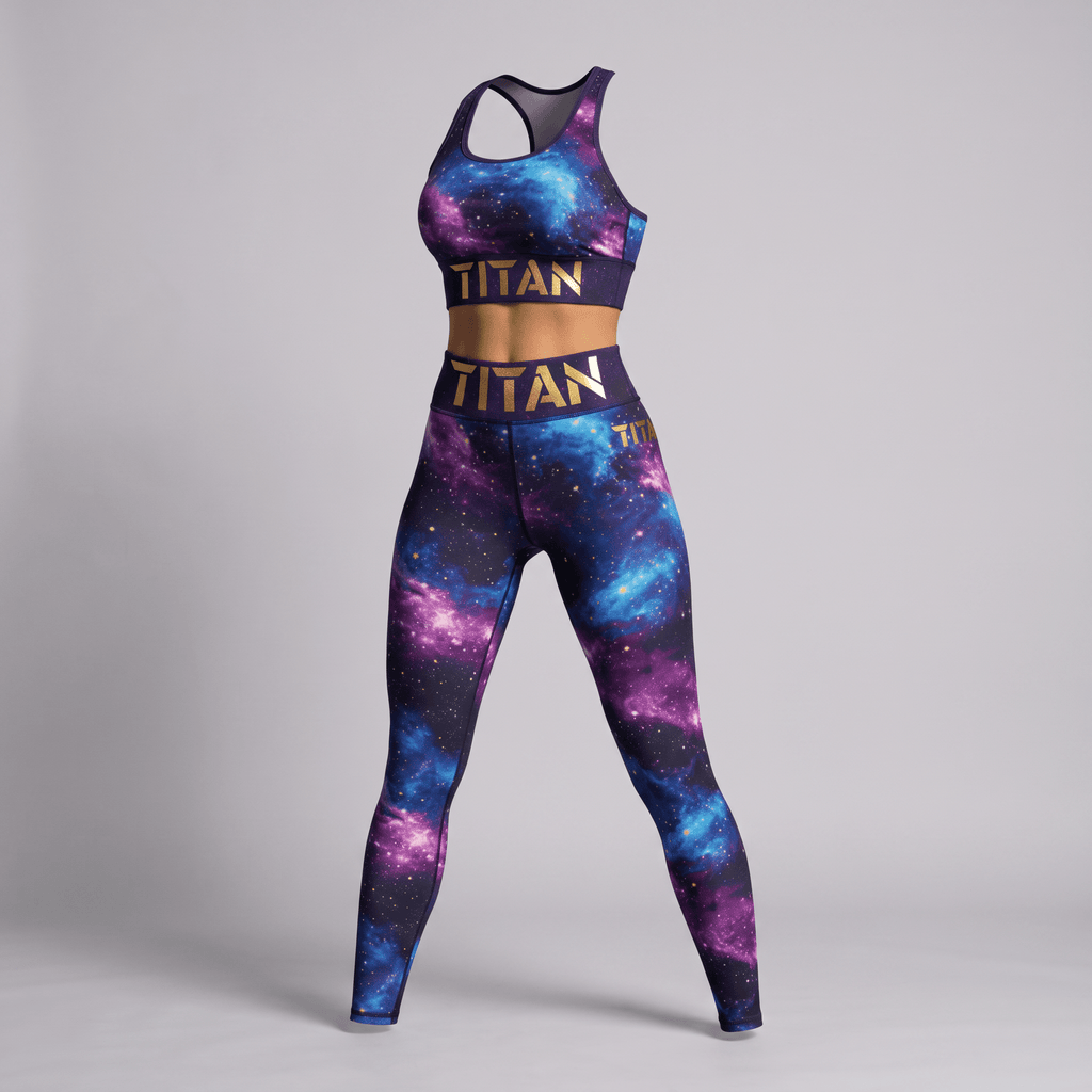 Titan purple galaxy print workout set with sports bra and high-waisted leggings featuring gold branding.