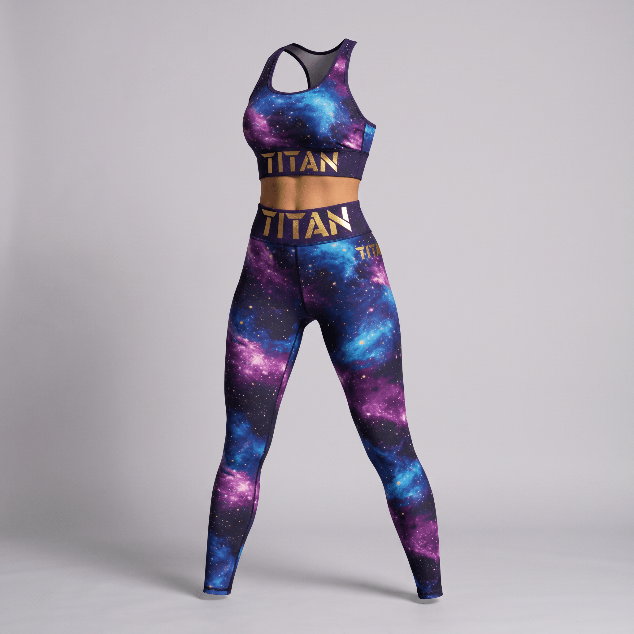 Titan purple galaxy print workout set with sports bra and high-waisted leggings featuring gold branding.